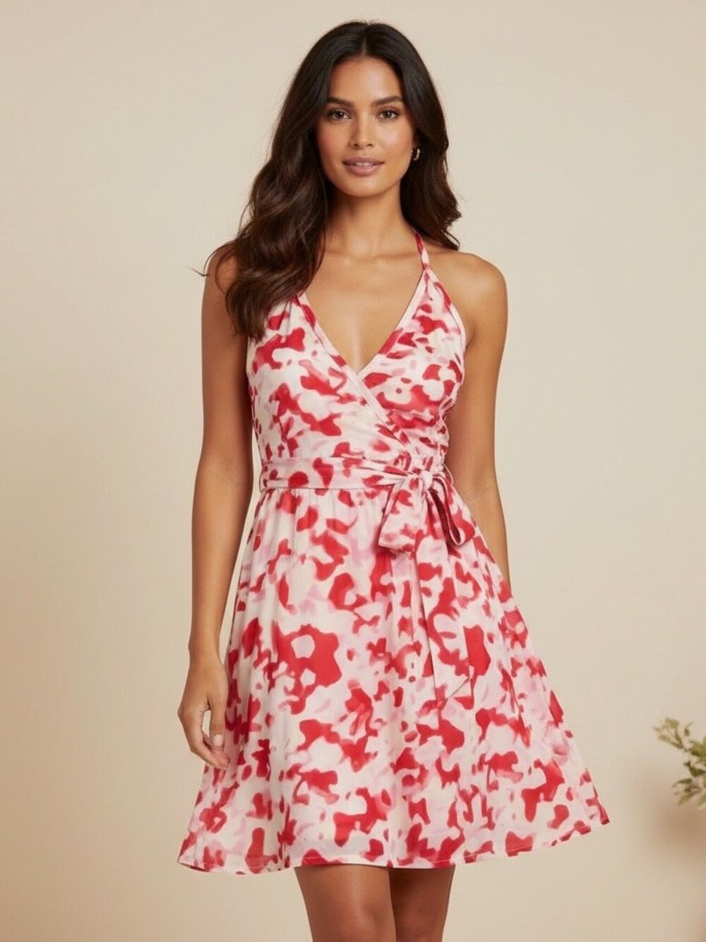 Alice + Olivia Silk Faux Wrap Halter Dress Size XS Red Yellow Printed Belted